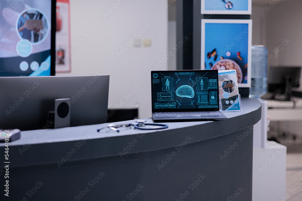 Poster computerized tomography showing brain activity. personal laptop screen showing scans with diagnosis 