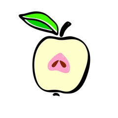 A red apple, and an apple in the cut. Flat PNG illustration.