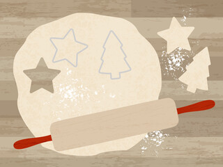 Cookie dough rolled out with cookie cutters and a rolling pin. In a cut paper style with textures
