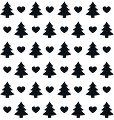 Vector seamless pattern of flat spruce tree and hearts silhouette isolated on white background