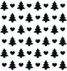 Vector seamless pattern of flat spruce tree and hearts silhouette isolated on white background