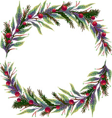 a beautiful illustration of a New Year's wreath made of soft green twigs and holly leaves or a Christmas tree with red berries