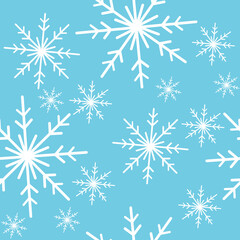 illustration of a seamless pattern of snowflakes on a blue background. Template for billboard, postcard, print on paper, clothes, tablecloth.