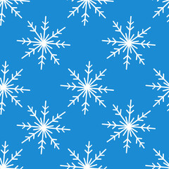Fototapeta na wymiar illustration of a seamless pattern of snowflakes on a blue background. Template for billboard, postcard, print on paper, clothes, tablecloth.