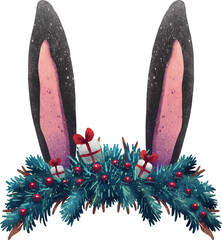 New Year's illustration The ears of a New Year's black rabbit from a wreath with berries and gifts stick out for children decoration