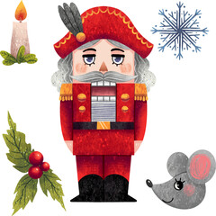 New Year's set of illustrations nutcracker mouse snowflake candle holly with berries fairy tale performance