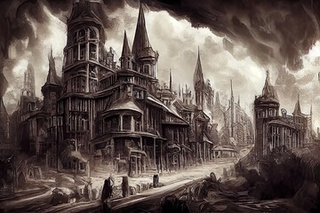 Fantasy cityscape in Victorian gothic style background illustration. Gloomy dark grungy style. Digital illustration. 3d render. 