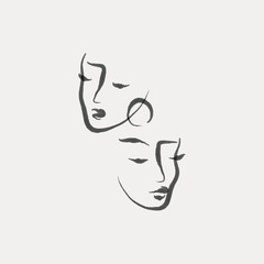 Women's faces in line art style. Artistic fashion illustration. Minimalist portrait of people faces. Modern aesthetic drawing for prints, posters, textile, cards, etc. Hand drawn abstract face shapes.