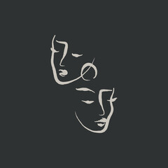 Women's faces in line art style. Artistic fashion illustration. Minimalist portrait of people faces. Modern aesthetic drawing for prints, posters, textile, cards, etc. Hand drawn abstract face shapes.