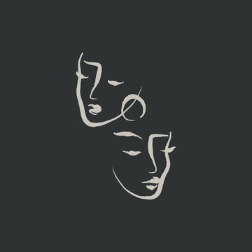 Women's faces in line art style. Artistic fashion illustration. Minimalist portrait of people faces. Modern aesthetic drawing for prints, posters, textile, cards, etc. Hand drawn abstract face shapes.