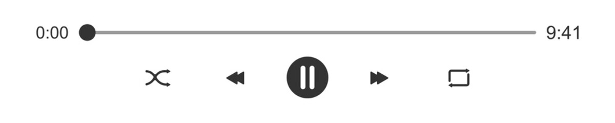 Mediaplayer progress loading bar with time slider. Pause, shuffle, repeat, rewind and fast forward buttons. Audio or video player playback panel interface elements. Vector graphic illustration
