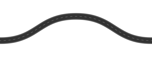 Winding asphalt roadway with marking. Top aerial view. Seamless highway template. Element of city street or countryside map isolated on white background. Vector flat illustration