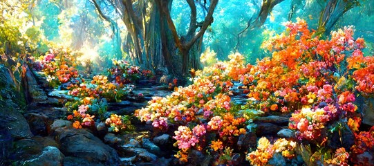many blossoming flowers in an forest