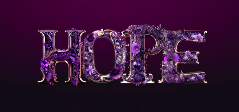 hope word in pink purple floral and ornamental font like an roses bouquet, mixed digital 3d illustration and matte painting
