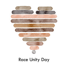 Race Unity Day greeting card. Watercolor textured lines, heart shape frame. Lines in different skin tones, shades of brown.