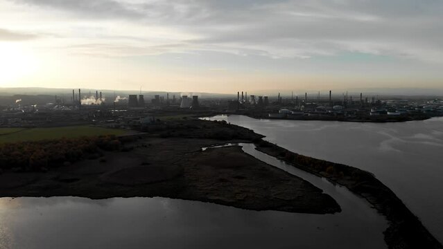 Drone shots of oil refinery in Grangemouth, Scotland, UK at sunset