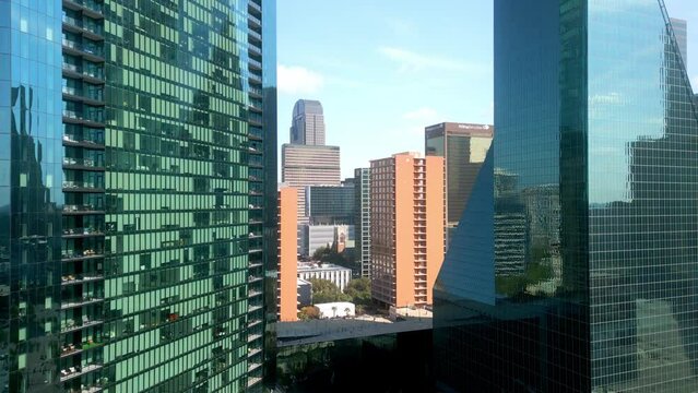 The iconic skyscrapers and office buildings in the city center of Dallas - aerial view