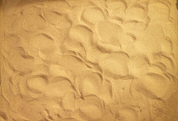 Trampled down sand on the beach with copy space for text. Sand texture close up. Horizontal background pattern of sand beach