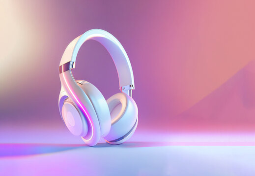 stylish 3d icon of generic wireless headphones on pink purple gradient background, mixed digital 3d illustration and matte painting