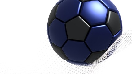 Black-deep blue soccer ball with white mathematical geometric grid line wave under white background. Concept 3D CG of sports technology, strategic ideas and intellectual analysis of operations.