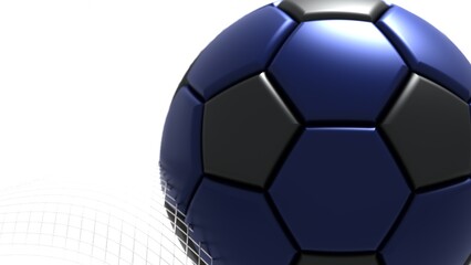 Black-deep blue soccer ball with white mathematical geometric grid line wave under white background. Concept 3D CG of sports technology, strategic ideas and intellectual analysis of operations.