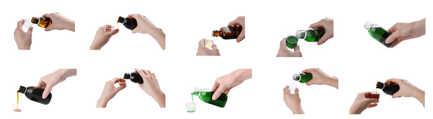 Collage with photos of women pouring cough syrup into spoons on white background, closeup. Banner...