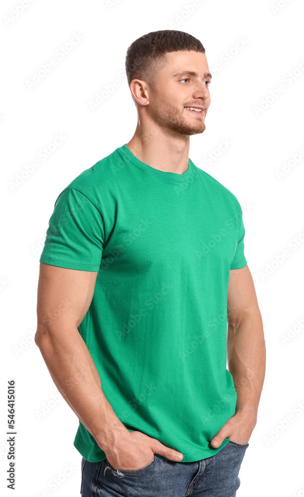 Sticker man wearing green t-shirt on white background. mockup for design