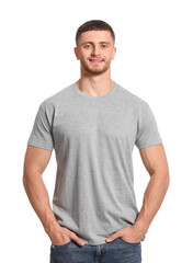 Man wearing grey t-shirt on white background. Mockup for design