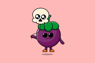 Cute cartoon Mangosteen floating with skull balloon in flat cartoon vector icon illustration