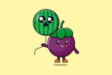 Cute cartoon Mangosteen floating with watermelon balloon in flat cartoon vector icon illustration