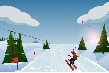 Vector illustration of a skier in the mountains descending at speed in carving and slalom to the finish line