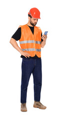 Man in reflective uniform with smartphone on white background