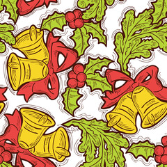 Christmas and New Year seamless vector pattern for wrapping paper, fabric print, textile design, decorative elements. Pine tree with xmas decoration. Hand drawn illustration. Cartoon style drawing.