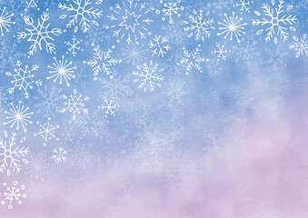 手描きの雪の結晶と淡い青の水彩背景
