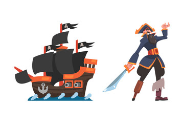 Pirate with Saber and Ship or Caravel with Black Sail and Flying Flags with Skull and Crossbones Vector Set