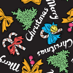 Christmas and New Year seamless vector pattern for wrapping paper, fabric print, textile design, decorative elements. Pine tree with xmas decoration. Hand drawn illustration. Cartoon style drawing.