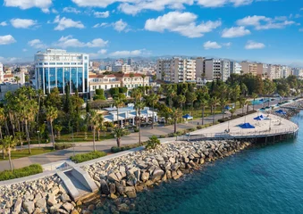 Papier Peint photo Lavable Chypre Cyprus beach. Limassol waterfront. Coastline Mediterranean sea resort on summer day. Cyprus embankment view from quadrocopter. Tour to Limassol. Travel to Republic of Cyprus. Panorama Limassol city