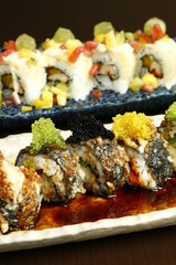 Closeup of various detailed Japanese food