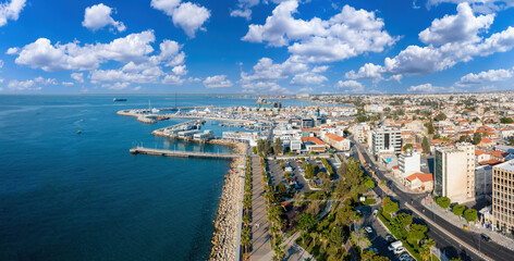 Island of Cyprus. Cityscape Limassol. Resort in Mediterranean. Republic of Cyprus from birds eye view. Panorama city of Limassol and sea. Cruise trip to Cyprus. Drone view of Limassol hotel buildings