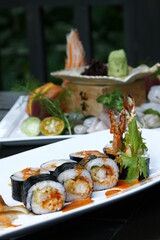 Closeup of various detailed Japanese food