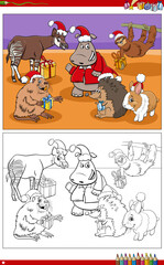 cartoon animal characters on Christmas time coloring page