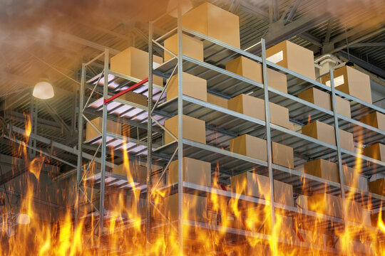 Fire alarm in warehouse. Burning racks with boxes. Flame and Smoke in warehouse hangar. Fire alarm in warehouse company. Industrial storage on fire. Burning storage building from inside. 3d image