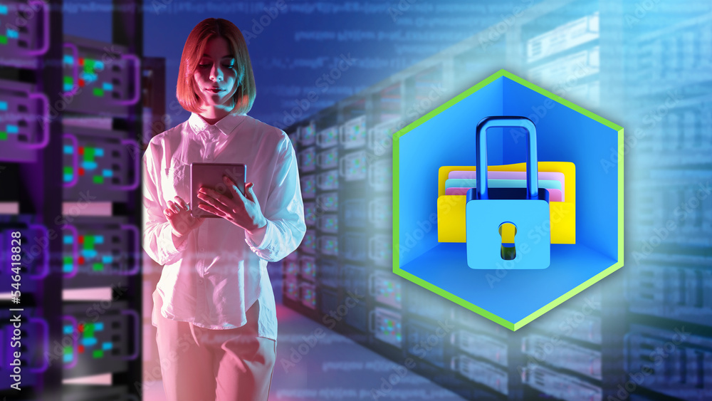 Poster data storage security. woman data center employee. girl in server room. woman with tablet works as s