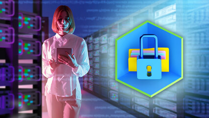 Data storage security. Woman data center employee. Girl in server room. Woman with tablet works as system administrator. Padlock symbolizes security of data servers. Information Processing Center