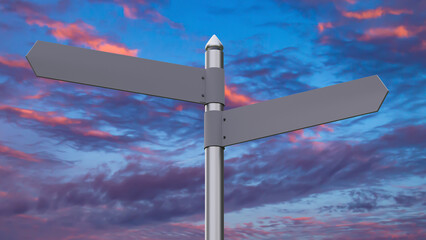 Street direction sign. Empty road sign against sky. Signboard for crossroads. Steel road sign in different directions. Signboard for labeling. Copy Space on metal plate. 3d rendering.