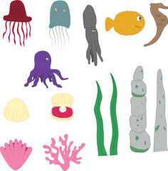 Ocean objects and sea life animal in vector drawn