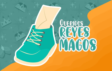 Poster del Día de los reyes magos. Carta a los reyes magos dentro de zapato sobre patrón de coronas.