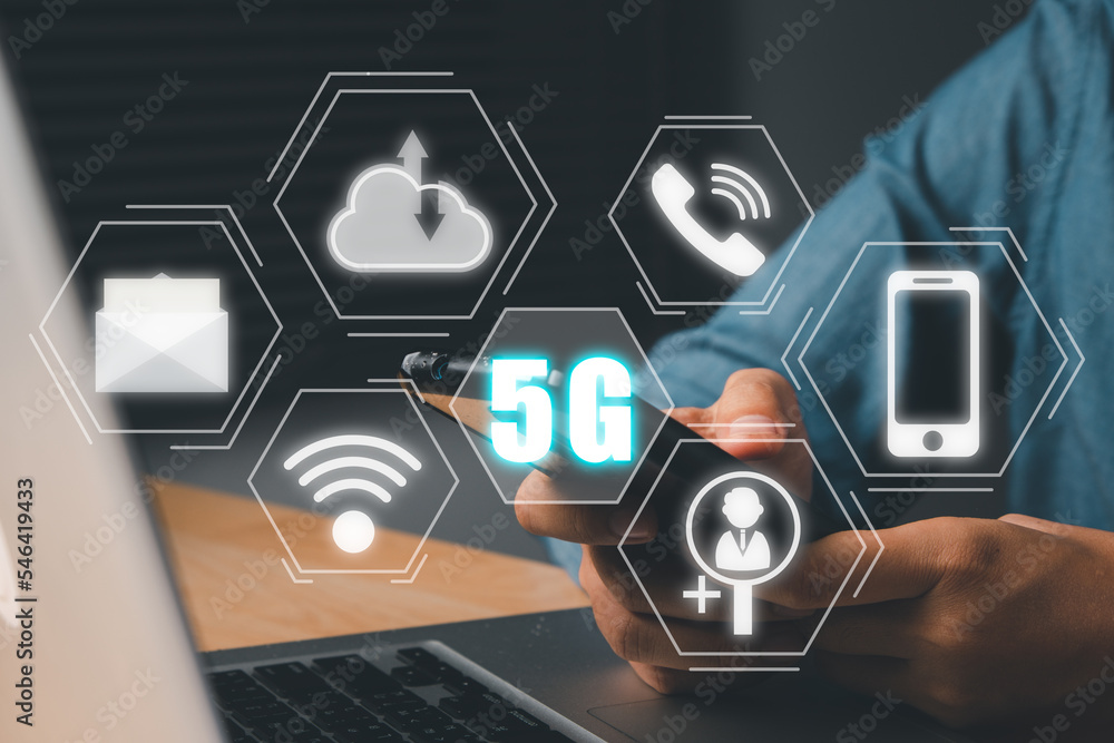 Aufkleber global communication network concept, woman hand using smart phone with 5g and wifi icon on virtual 