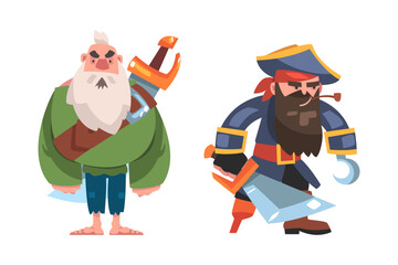 Bearded Pirate or Buccaneer with Hook and Saber Smoking Pipe Vector Set