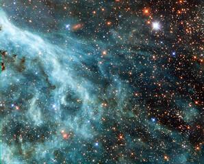 Space shot, blue in color, showing  part of the Tarantula Nebula's outskirt near a galaxy which...